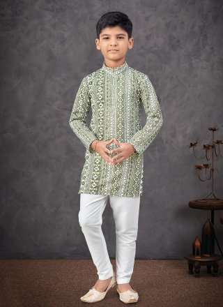 Green and Off White Rayon Digital Print and Embroidered Work Kurta Pyjama