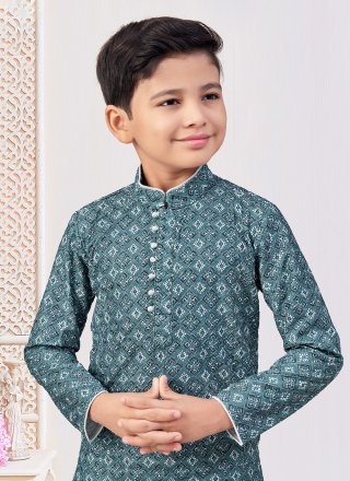 Green and Off White Rayon Digital Print and Embroidered Work Kurta Pyjama for Festival