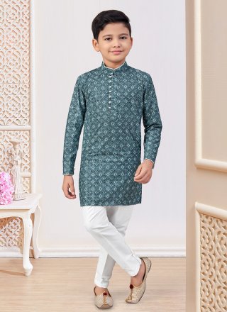 Green and Off White Rayon Digital Print and Embroidered Work Kurta Pyjama for Festival