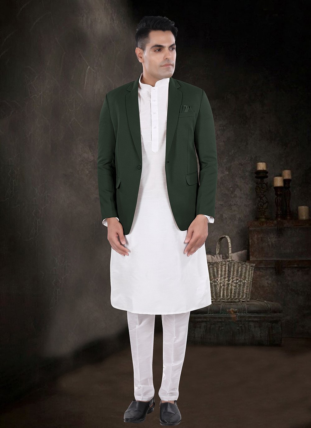 Green and Off White Silk Kurta Payjama with Jacket In Plain for