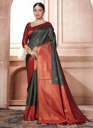 Green and Orange Kanjivaram Silk Contemporary Sari