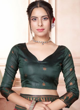 Green and Orange Kanjivaram Silk Woven Work Classic Saree for Ceremonial