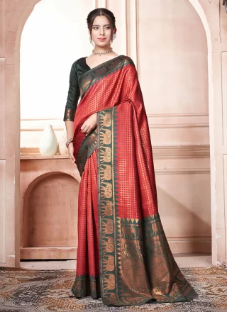 Green and Orange Kanjivaram Silk Woven Work Classic Saree for Ceremonial