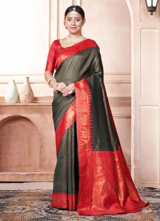 Green and Orange Woven Work Kanjivaram Silk Classic Saree