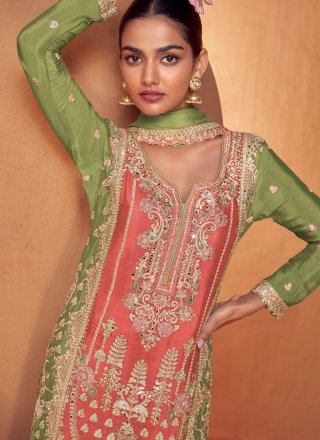 Green and Peach Chinon Salwar Suit with Embroidered and Mirror Work for Engagement