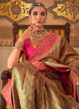 Green and Pink Banarasi Silk Weaving Work Trendy Saree