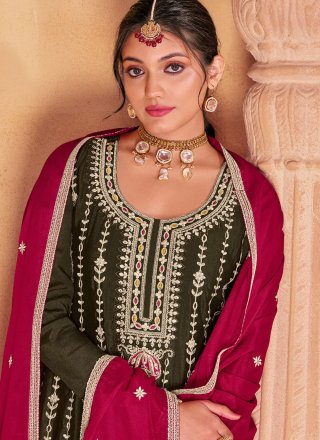 Green and Pink Embroidered Work Chinon Salwar Suit