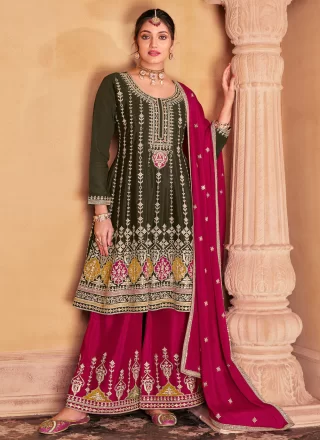 Green and Pink Embroidered Work Chinon Salwar Suit