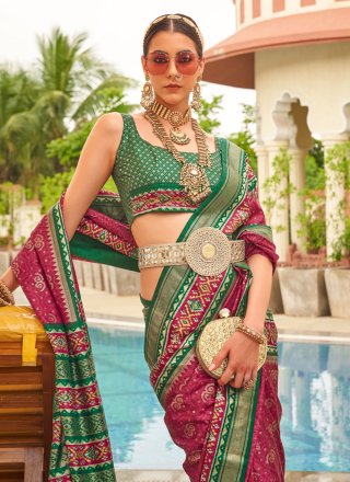 Green and Pink Patola Silk Classic Saree with Patola Print Work for Women