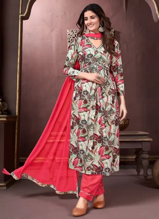 Green and Pink Rayon Salwar Suit with Print Work for Ceremonial