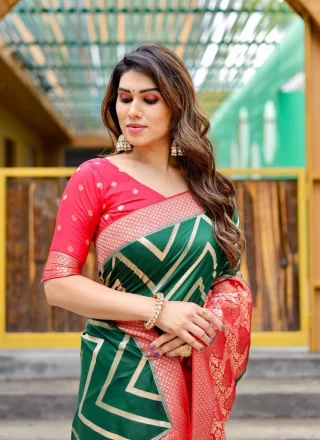 Green and Pink Silk Designer Sari with Weaving and Zari Work for Women