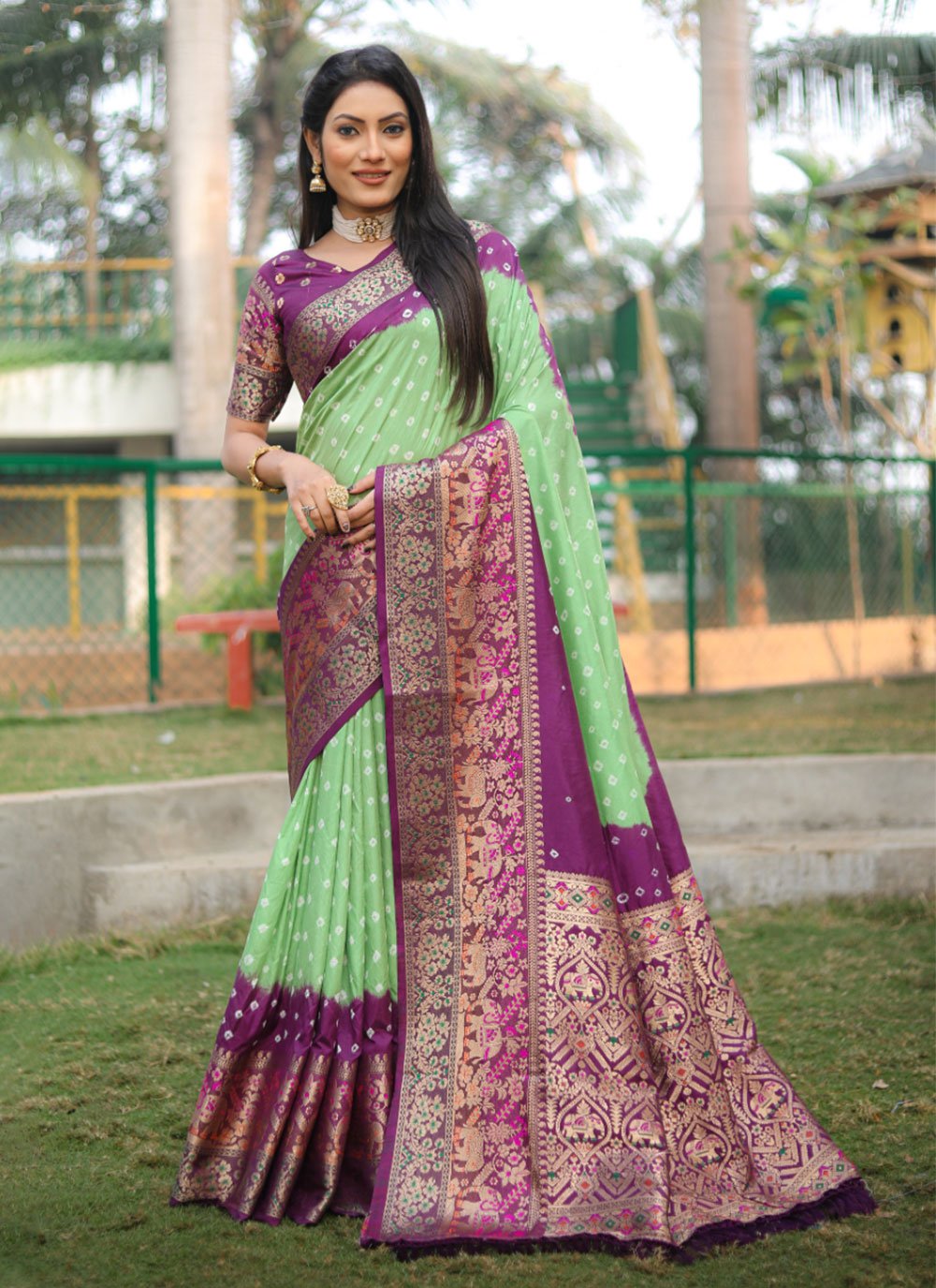 Sea Green And Purple Satin Half And Half Saree -