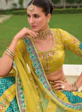 Green and Rama Silk Embroidered, Khatli, Print, Stone and Zari Work Lehenga Choli for Ceremonial