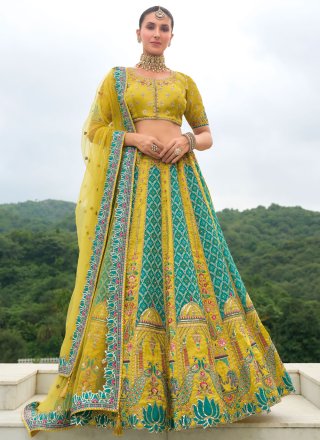 Green and Rama Silk Embroidered, Khatli, Print, Stone and Zari Work Lehenga Choli for Ceremonial