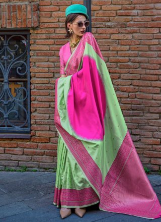 Green and Rani Handloom Silk Weaving Work Trendy Saree