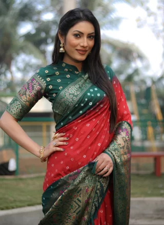 Green and Red Kanjivaram Silk Weaving and Zari Work Trendy Saree