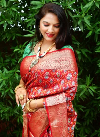 Green and Red Patola Silk Silk Saree with Patch Border and Weaving Work for Women