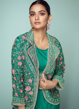 Green and Teal Embroidered and Lace Work Chinon Salwar Suit