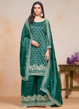 Green and Teal Embroidered and Sequins Work Crush Salwar Suit