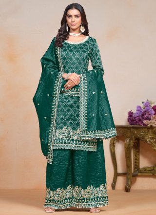 Green and Teal Embroidered and Sequins Work Crush Salwar Suit