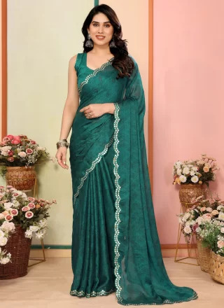 Green and Teal Rangoli Designer Saree with Print Work