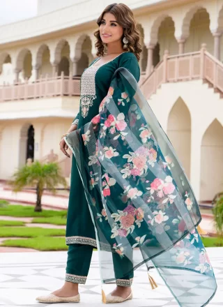 Green and Teal Rayon Salwar Suit with Embroidered Work for Women