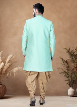Green and Turquoise Silk Embroidered, Sequins and Thread Work Indo Western for Ceremonial