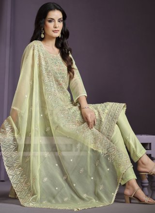 Green and Yellow Chiffon Salwar Suit with Embroidered, Lucknowi Work and Thread Work for Women