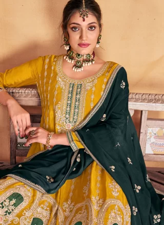 Green and Yellow Chinon Embroidered Work Salwar Suit