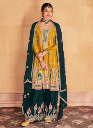 Green and Yellow Chinon Embroidered Work Salwar Suit
