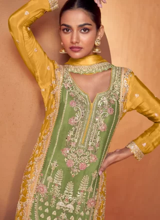 Green and Yellow Chinon Salwar Suit with Embroidered and Mirror Work for Women
