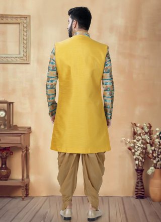 Green and Yellow Silk Embroidered, Sequins and Thread Work Sherwani Mens Wear for Ceremonial