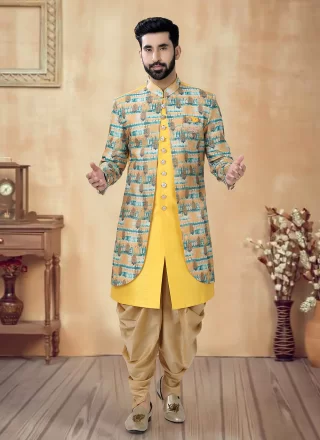Green and Yellow Silk Embroidered, Sequins and Thread Work Sherwani Mens Wear for Ceremonial