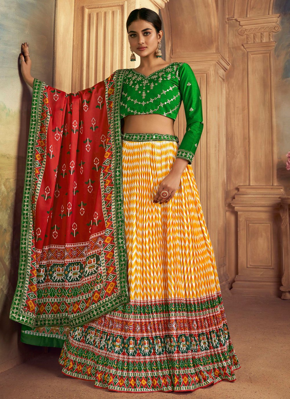 Shae by SASSAFRAS Women Yellow & Green Printed Ready to Wear Lehenga Choli  - Absolutely Desi
