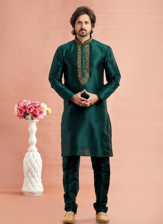 Green Art Banarasi Silk Machine Embroidery Work Kurta Pyjama