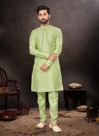 Green Art Dupion Silk Kurta Pyjama In Plain for Men