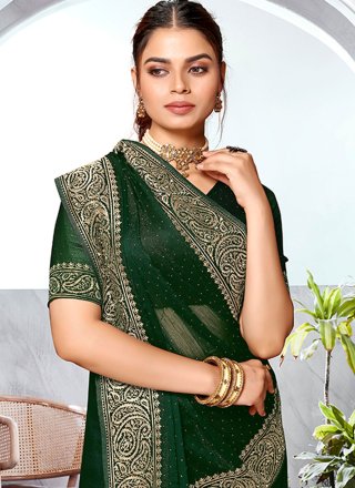 Green Art Silk Classic Saree with Embroidered and Swarovski Work for Ceremonial