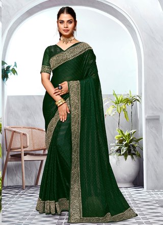 Green Art Silk Classic Saree with Embroidered and Swarovski Work for Ceremonial
