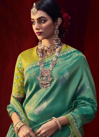 Green Art Silk Dimond and Embroidered Work Traditional Saree for Women