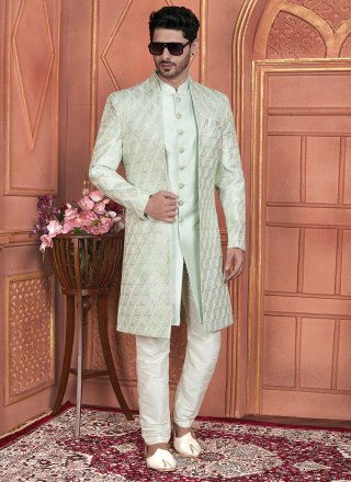 Green Art Silk Embroidered and Hand Work Indo Western