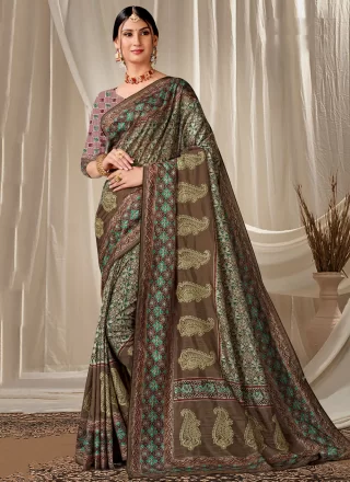 Green Art Silk Embroidered and Print Work Classic Saree