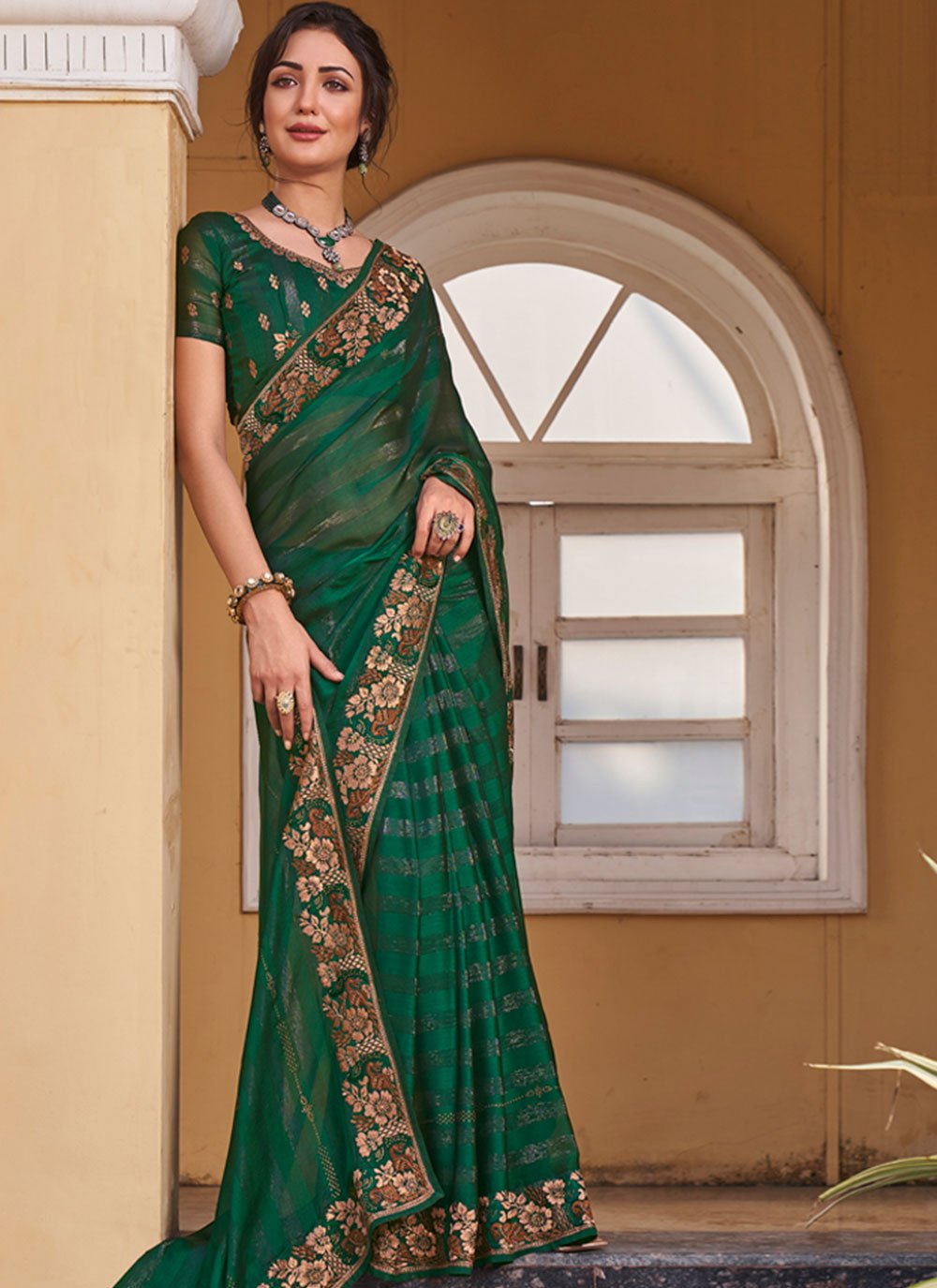 Buy Women's Swarovski Satin Silk Diamond Work Saree for All Occasion  (Green) at Amazon.in