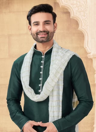Green Art Silk Fancy and Plain Work Dhoti Kurta for Ceremonial