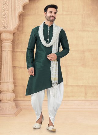 Green Art Silk Fancy and Plain Work Dhoti Kurta for Ceremonial