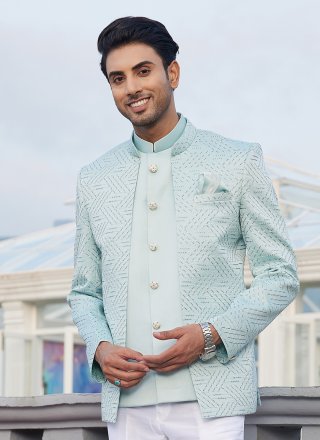 Green Art Silk Jodhpuri Jacket with Machine Embroidery and Thread Work for Men
