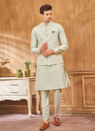 Green Art Silk Kurta Payjama with Jacket