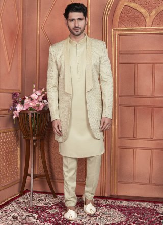 Green Art Silk Machine Embroidery and Thread Work Indo Western for Men