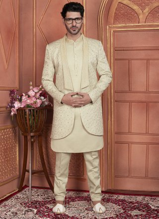 Green Art Silk Machine Embroidery and Thread Work Indo Western for Men