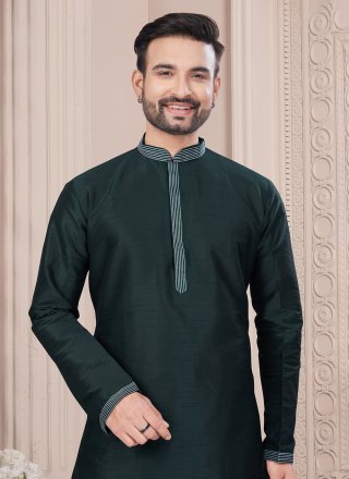 Green Art Silk Thread Work Kurta Mens Wear for Men