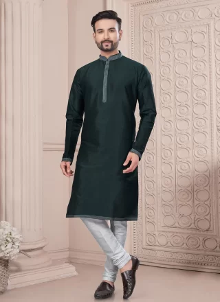 Green Art Silk Thread Work Kurta Pyjama for Ceremonial